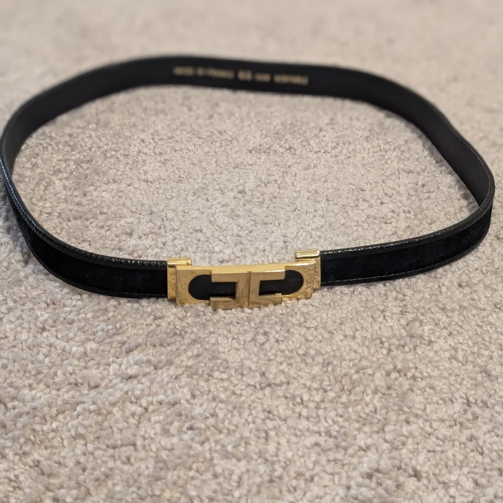 Black Leather Belt with Gold Buckle - Picture 1 of 3